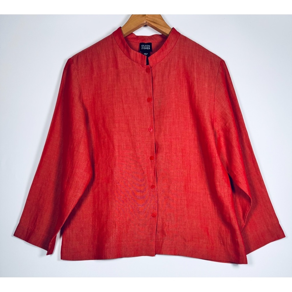 Eileen Fisher Linen Viscose Button Front Jacket Medium Red Iridescent Mandarin